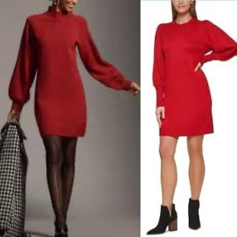 Vince Camuto Womens Crewneck Sweater Dress Red Vibrant Long Puff Sleeve Sz. S - Picture 12 of 12